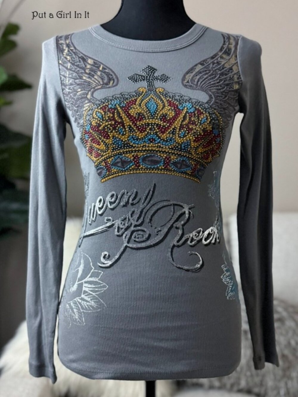Vocal Apparel Women's Crystal Gray Queen of Rock Crown Royalty Shirt S M L Y2K
